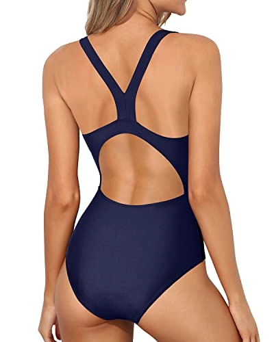 Elastic Splicing Athletic One Piece Swimsuits-Navy Blue