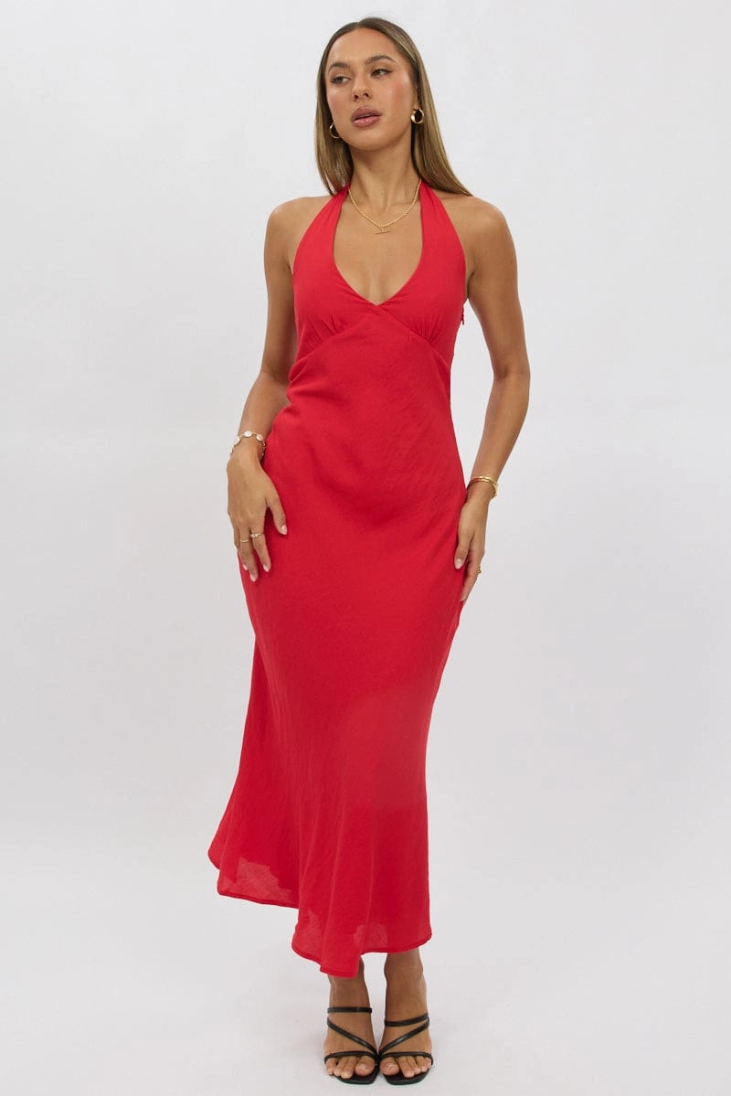 Red Halter Neck Dress Midi