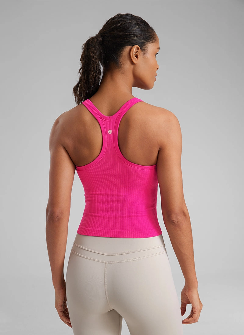 Seamless Ribbed Waist Length Racerback Built in Bra Tanks