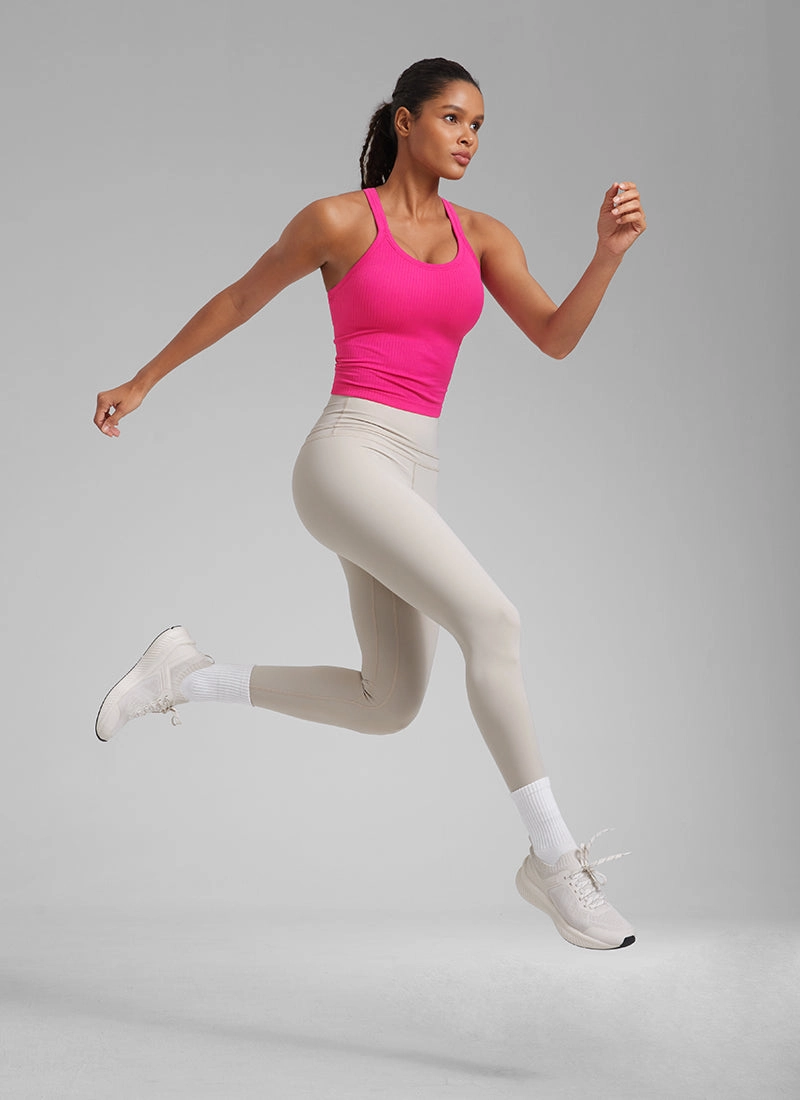 Seamless Ribbed Waist Length Racerback Built in Bra Tanks