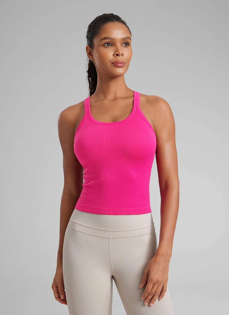 Seamless Ribbed Waist Length Racerback Built in Bra Tanks