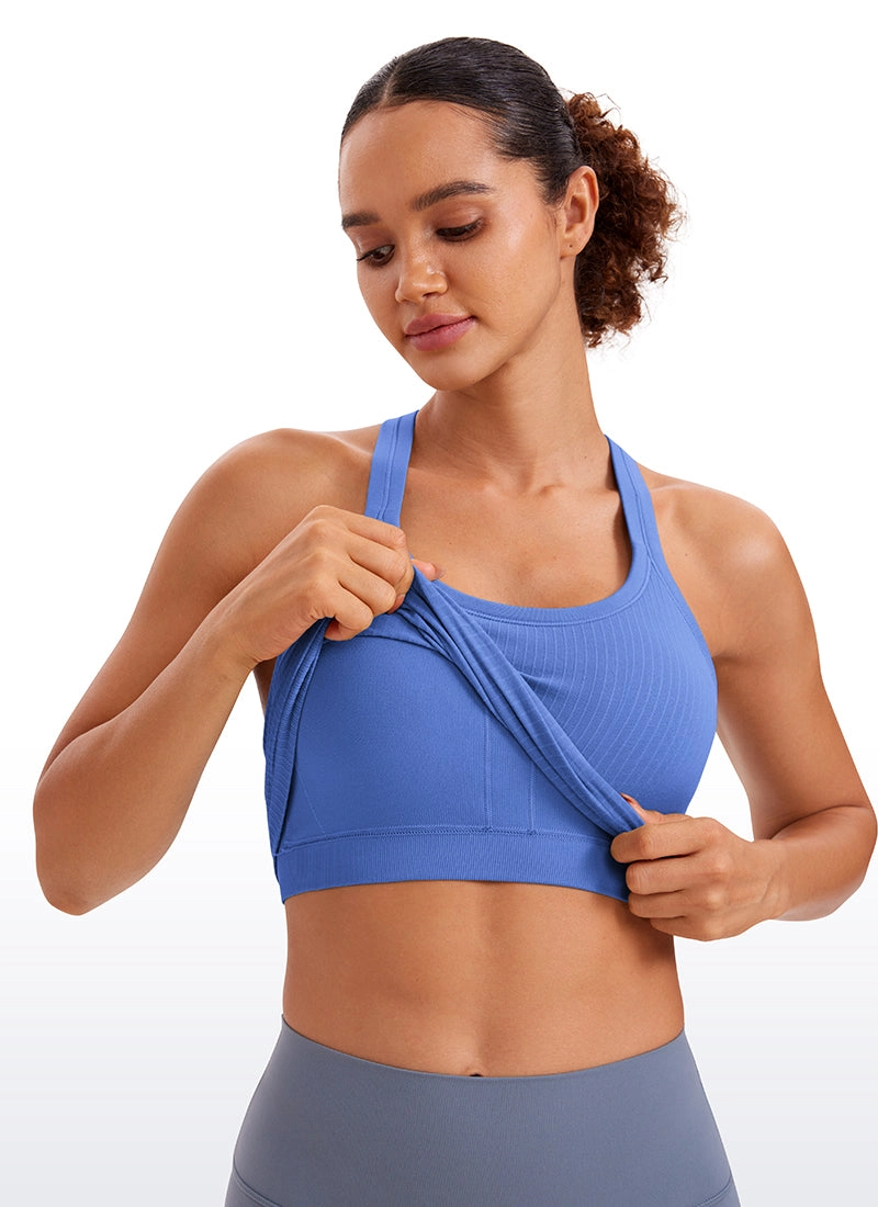Seamless Ribbed Waist Length Racerback Built in Bra Tanks