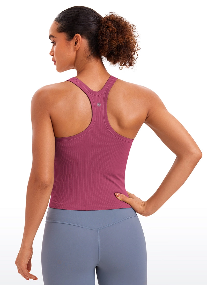 Seamless Ribbed Waist Length Racerback Built in Bra Tanks